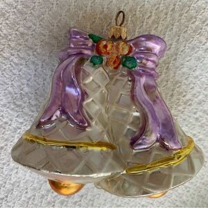 Christopher Radko 1996 Pink Ribbon White Bells Christmas Ornament, Wedding Bells
